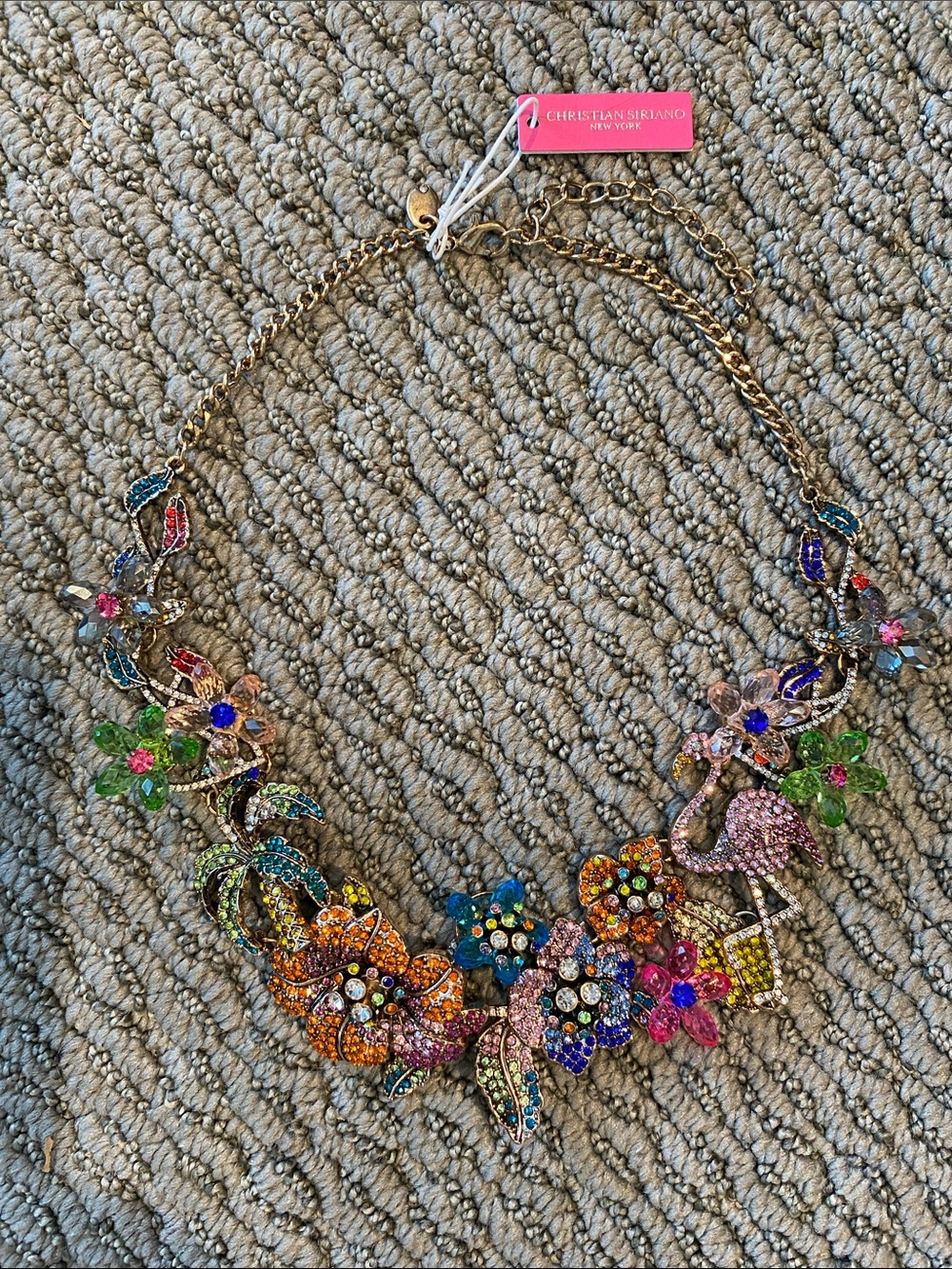 Christian Siriano Multicolor Crystal Floral Necklace with Pink Flamingo Accent